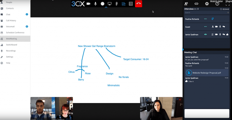 cloud telefonanlage 3cx screenshot einer webmeeting videokonferenz mit abgebildeten funktionen wie dem whiteboard und chatoptionen