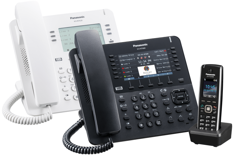 panasonic telefone vom modell nt680 in weiß und schwarz und ein tca285 schnurlostelefon an einer innoteck telefonanlage